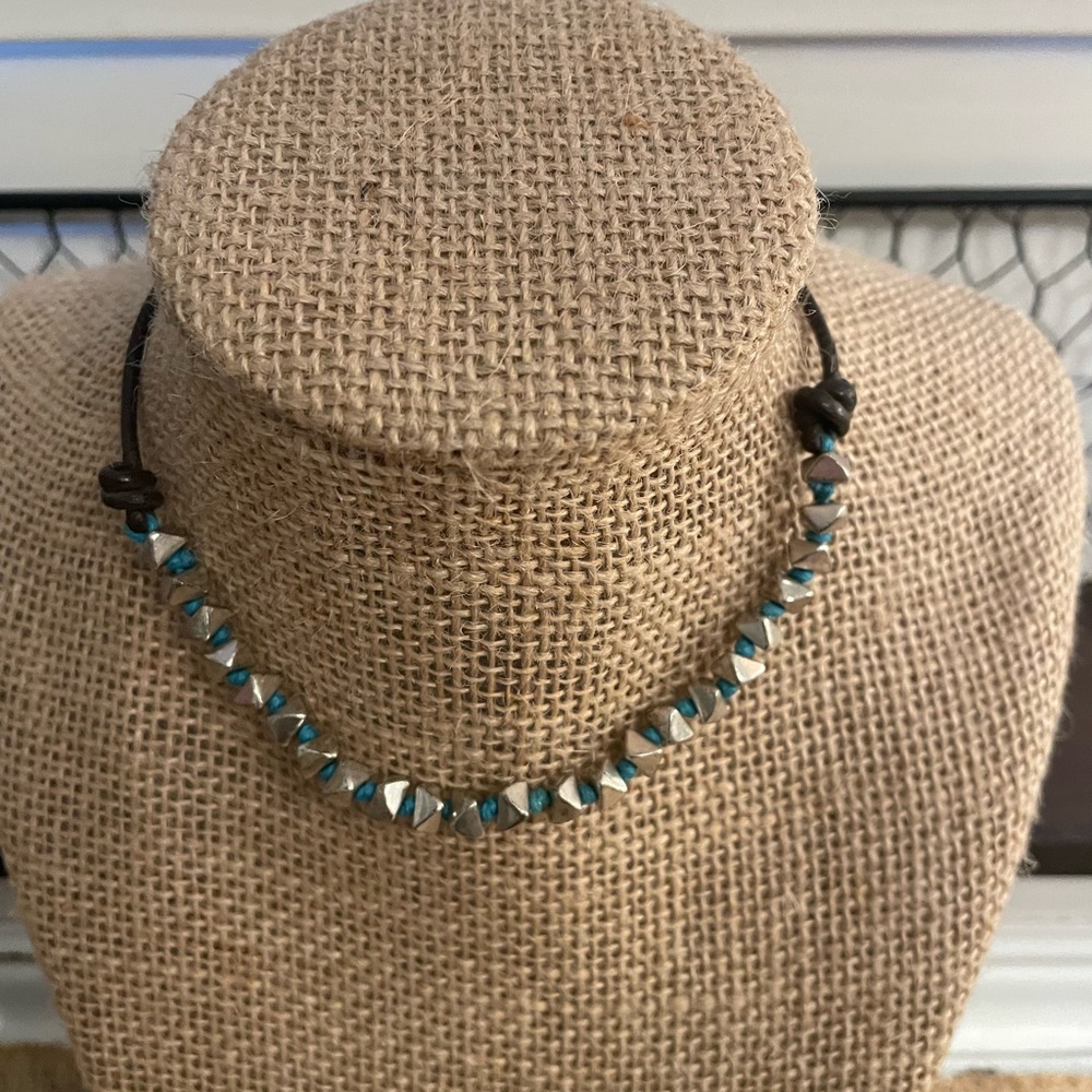 Fossil Leather & Turquoise Necklace